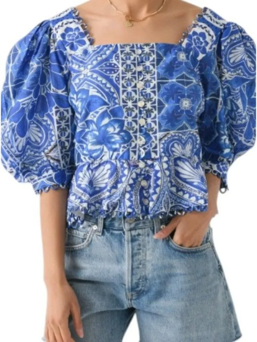 Farm Rio Women's Tile Dream Short Sleeve Blouse Puff Sleeve Blue White Size XS